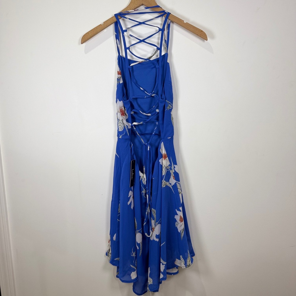 Blue Floral Mini Dress Womens L Lace Up Chiffon Autumn wedding guest cocktail - Picture 5 of 6